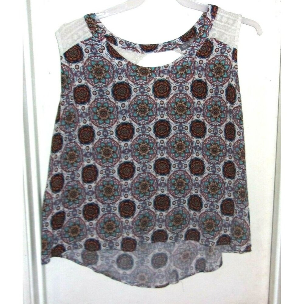 Rags to Wishes Women 2X Floral Lace Shoulder Sleeveless Blouse Blue Orange White
